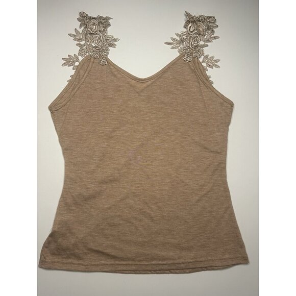 Women’s XL Sleeveless Surplice Wrap Tank Tan Crochet Lace Strap Feminine Ballet - Picture 3 of 5